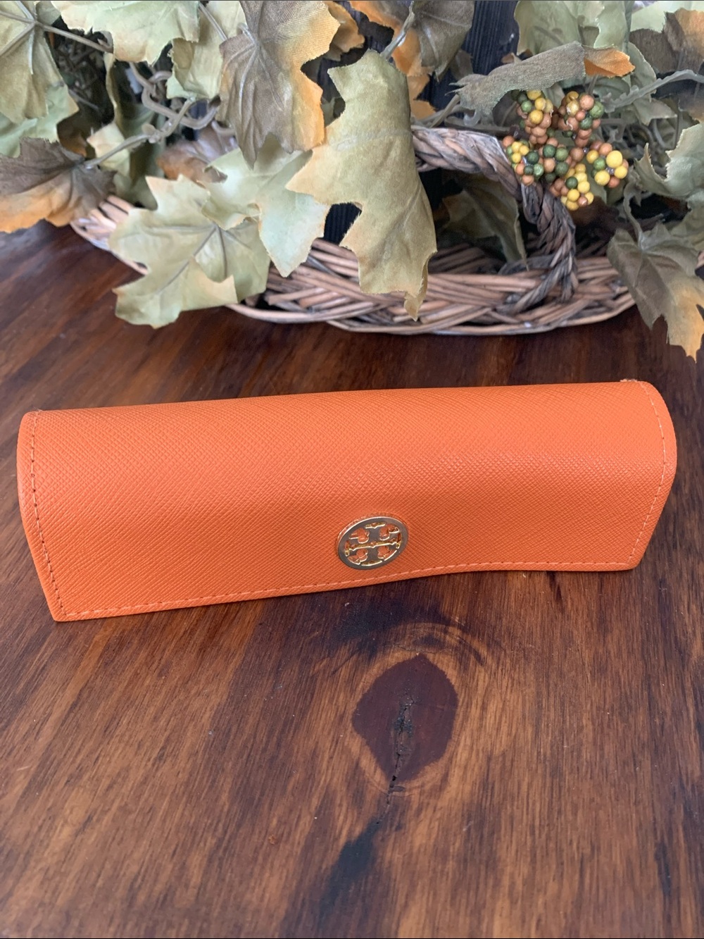 Tory Burch Orange Eyewear Case with Gold Logo Includes Cleaning Cloth